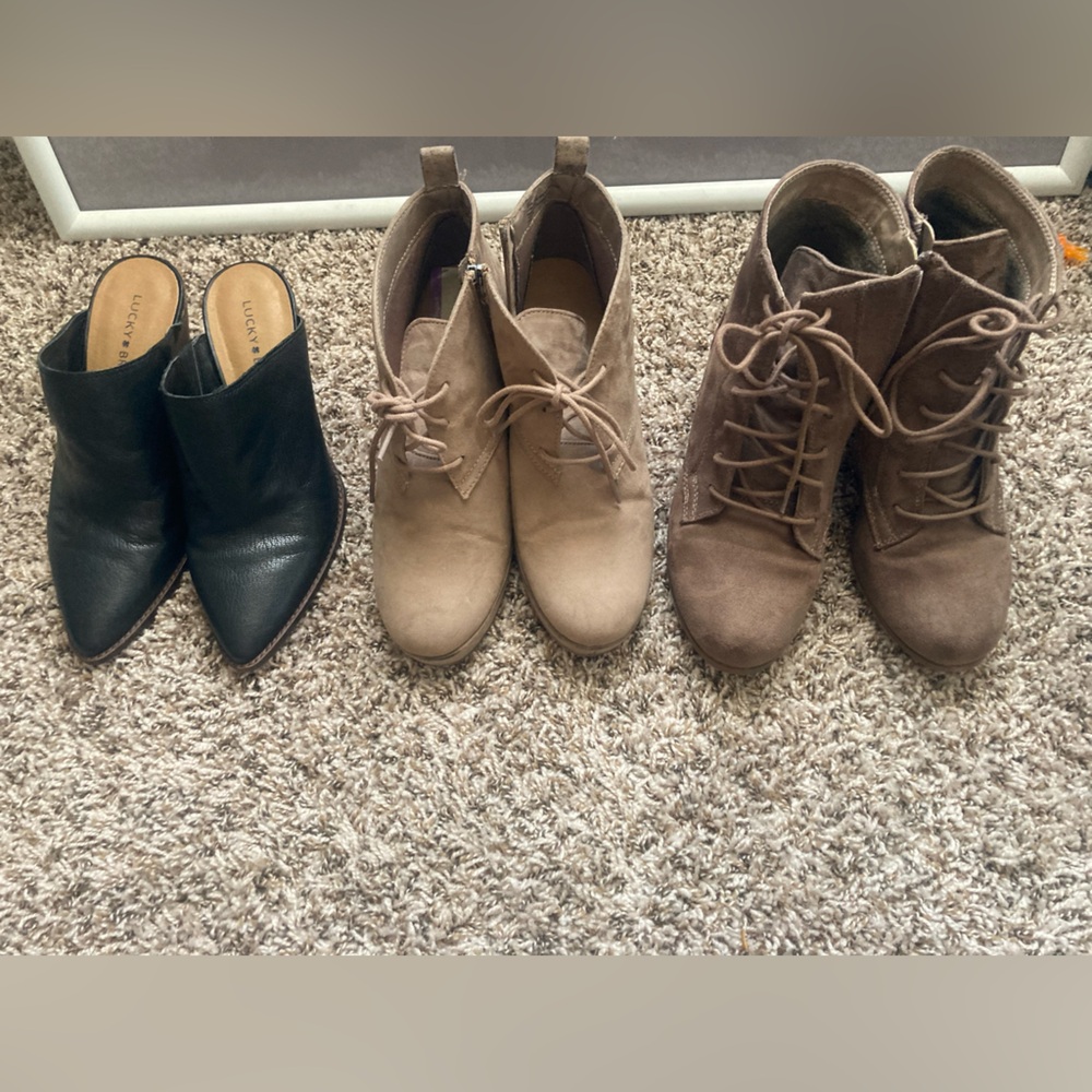 Womens Black Mules by Lucky Brand and Tan suede style wedge booties